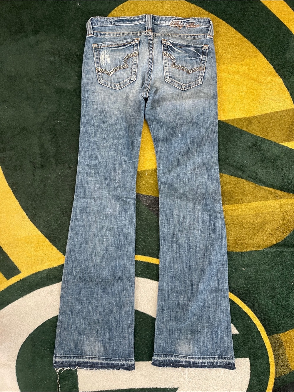 Big Star Light Blue Flare Jeans with Embellished Back Pockets. Sweet low boot.
